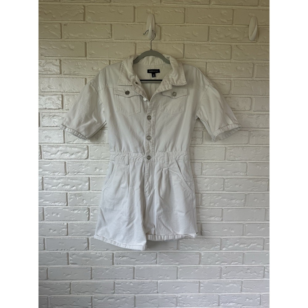 Rubberband White Utility Romper M | 90s Pretty Woman Chic Button Front One Piece